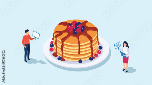 Giant stack of fluffy pancakes drizzled with syrup and fresh berries being examined by two tiny isometric figures.