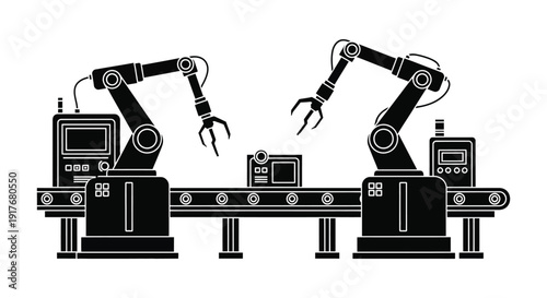A detailed black silhouette of robotic arms and factory machinery showcasing automated production on transparent background high quality professional modern elegant