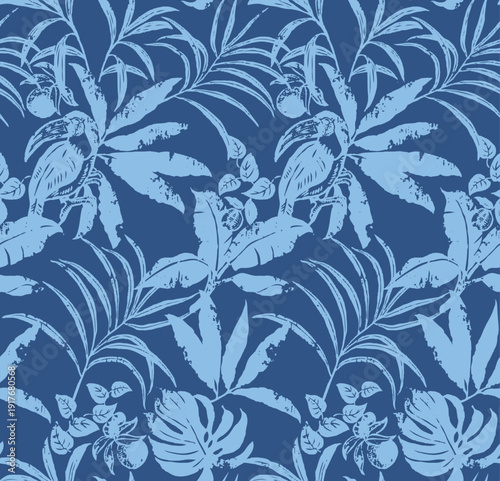 Seamless blue tropical toucan pattern. Vintage grunge palm leaf and exotic bird background. Monochrome aloha textile design.