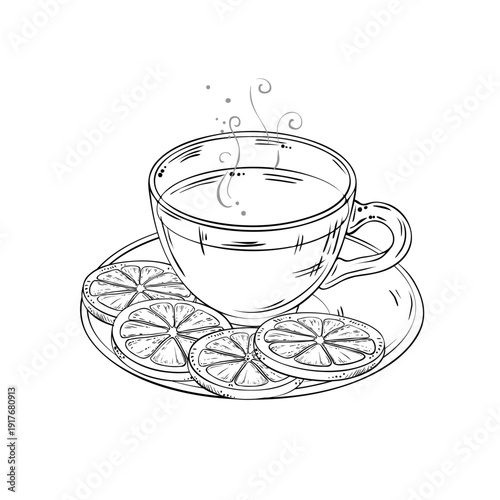 Cup of Orange Tea aroma beverage Outline Illustration. Vector isolated for Design and Decoration for Cafeteria, Posters, Banners, Cards.