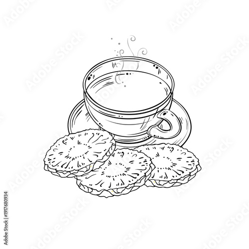 Cup of Pineapple Tea aroma beverage Outline Illustration. Vector isolated for Design and Decoration for Cafeteria, Posters, Banners, Cards.