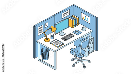 Private office cubicle provides an organized and productive workspace with a computer and various filing systems.