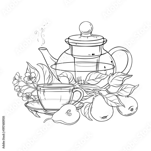 Cup of Pear Tea aroma beverage Outline Illustration. Vector isolated for Design and Decoration for Cafeteria, Posters, Banners, Cards.