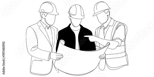 Line drawing of three engineers in hard hats reviewing a construction blueprint together