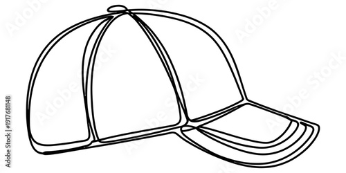 A simple black and white line drawing of a baseball cap with a curved brim on a white background.
