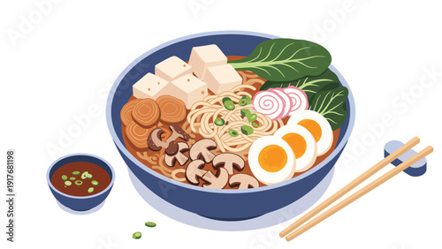 Large bowl of savory ramen soup topped with boiled eggs and mushrooms and green vegetables served with chopsticks.