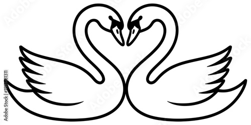 Black and white illustration of two swans facing each other with necks forming a heart shape