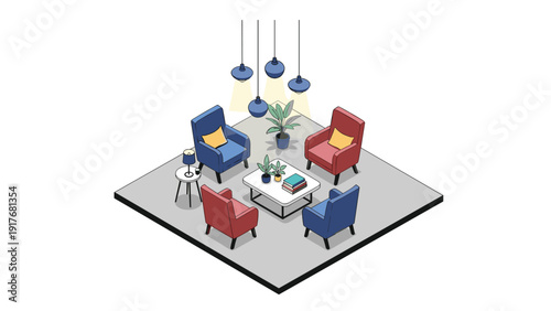 Stylish lounge area is designed with four comfortable armchairs in blue and red arranged around a central coffee table with hanging lamps.