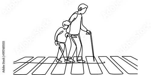 Continuous line drawing of a blind father and son crossing the street on a crosswalk.