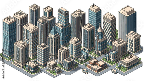 Detailed isometric city map showcases various tall skyscrapers, office buildings, and residential blocks along paved streets with trees.