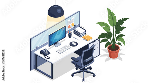 Modern office workstation is equipped with a desktop computer, a rolling chair, a telephone, and a large potted plant for a green touch.