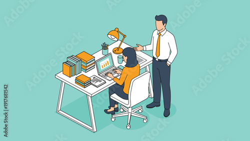 Professional office scene depicts a businessman standing and talking to a female colleague sitting at a desk while working on a laptop.