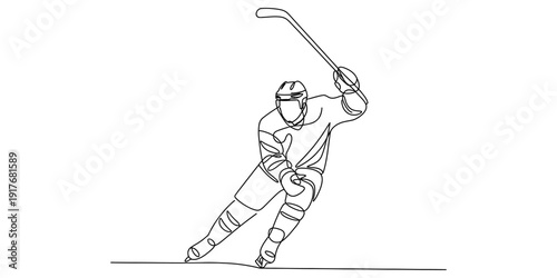 Action line drawing of a professional ice hockey player skating with a stick raised high