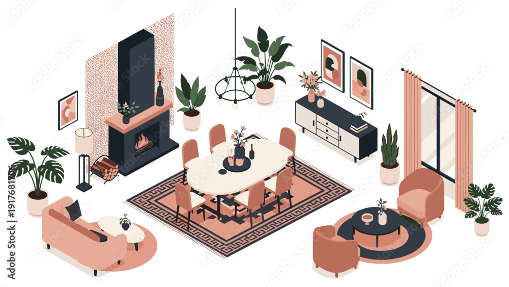 Fototapeta premium Luxuriously furnished open plan room features a cozy fireplace, a formal dining area, and a comfortable seating lounge with plants.