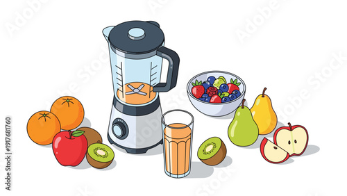 Healthy kitchen scene displays a blender surrounded by fresh fruits like oranges, apples, kiwi, pears, and a bowl of mixed berries.