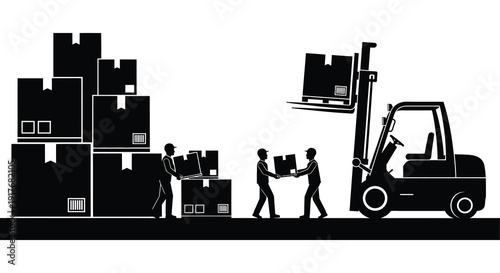 A black silhouette depicting warehouse logistics including a forklift and workers on transparent background high quality professional detailed modern elegant stylish