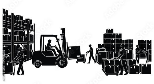 A black silhouette depicting warehouse workers and a forklift moving stacked boxes on transparent background high quality professional detailed modern elegant