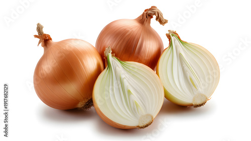 A close-up view of several onions arranged on a white background