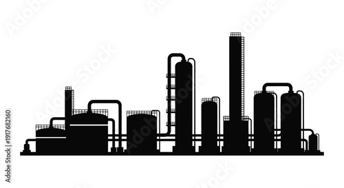 A striking black silhouette of an industrial cityscape with factory buildings and towers on transparent background high quality professional detailed modern