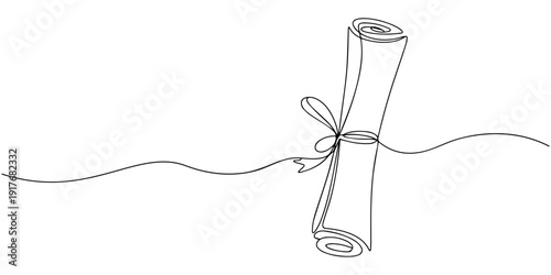 Continuous single line drawn, certificate or diploma with award badge . Single line drawn badge academic scroll paper,. Vector illustration, continuous line drawing of a rolled diploma with ribbon bow