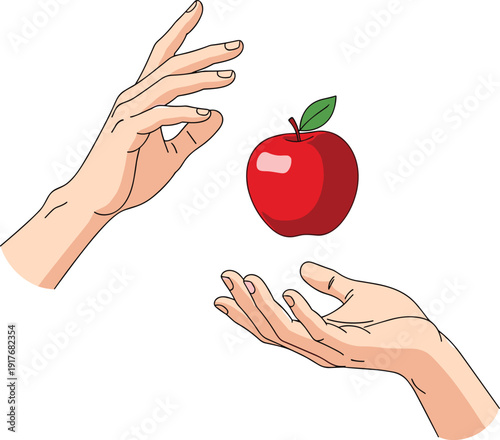 Hands passing red apple illustration symbolizing sharing, giving, knowledge, temptation, education concept, and healthy organic fruit exchange
