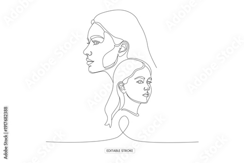 A minimalist line art illustration depicts the profiles of a mother and daughter connected by a single continuous stroke high quality