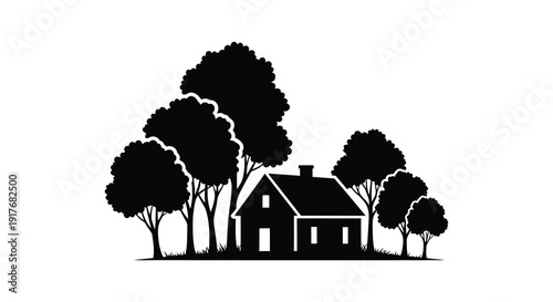 A black silhouette of a cozy house nestled amongst dense trees perfect for design projects on transparent background high quality professional