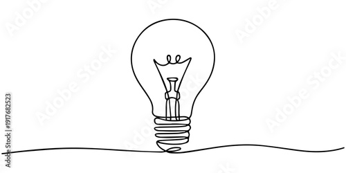 Continuous one line drawing of classic light bulb, minimalist black and white style, creative idea and innovation concept with copy space
