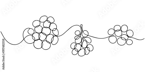 Continuous one line drawing of a grape bunch with a leaf, perfect for minimalist vineyard branding, wine packaging, or healthy food advertisements promoting organic products.