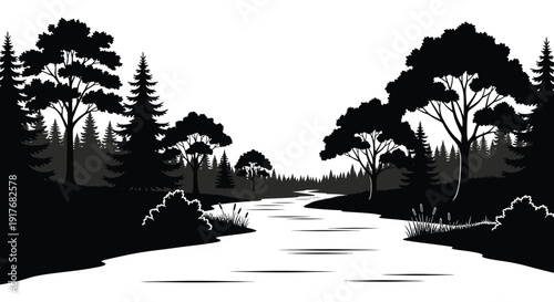 A serene forest landscape with a winding river and towering trees presented as a bold silhouette on transparent background high quality