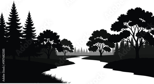 A serene forest landscape with trees and a winding river presented in a striking black silhouette on transparent background high quality