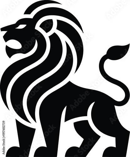 A black lion logo with a stylized mane on a white background. Vector