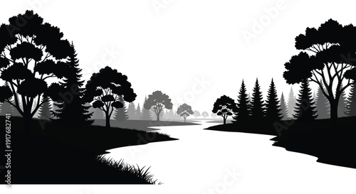 A striking black and white forest landscape with a winding river presented as a silhouette on transparent background high quality professional