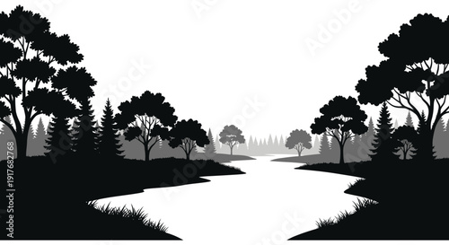 A serene landscape featuring a winding river and dense forest trees presented in a striking silhouette on transparent background high quality