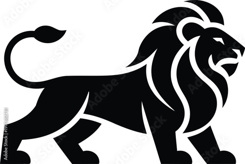 A black silhouette of a lion with a flowing mane and open mouth. Vector