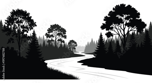 A serene landscape depicting a winding river through a dense forest rendered in black and white silhouette on transparent background