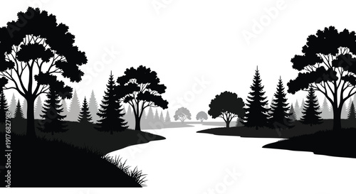 A serene landscape featuring trees and a winding river rendered in black silhouette on transparent background high quality professional detailed modern