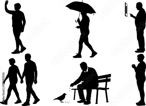 Diverse People Silhouettes Collection: Walking, Umbrella, Phone & Bird, Vector Illustration