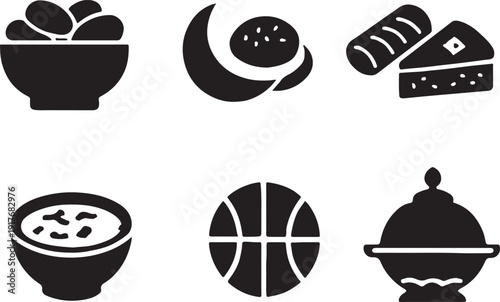 Iftar and Eid sweets icon set with traditional desserts and festive Islamic celebration treats vector EPS.