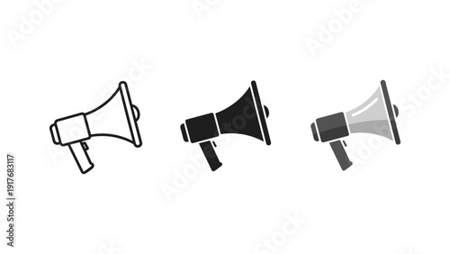 Three black and white megaphones icons vector set isolated on transparent background for promotion and announcement