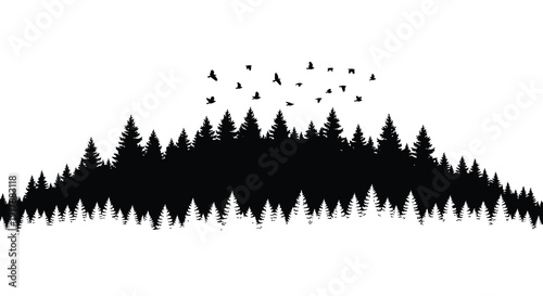 A striking black silhouette of a dense pine forest with a flock of birds flying above on transparent background high quality