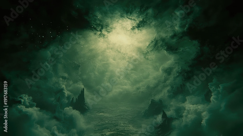 Wallpaper Mural Mysterious green mist dark clouds fantasy landscape dramatic sky ethereal light surreal atmosphere dreamlike moody otherworldly mystical scene Torontodigital.ca