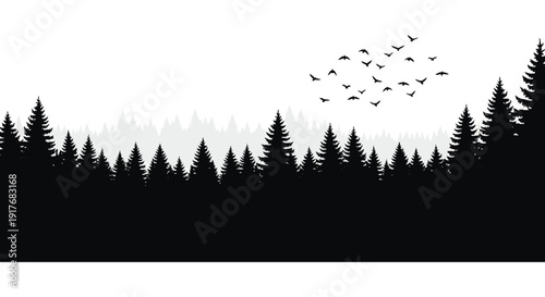 A dark silhouette of a forest with a flock of birds flying under a hazy moon on transparent background high quality