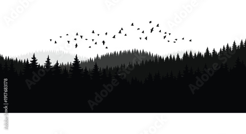 A striking black and white landscape featuring a forest and flock of birds in silhouette on transparent background high quality professional