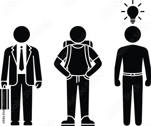 Three silhouetted figures representing different professions and ideas. Vector