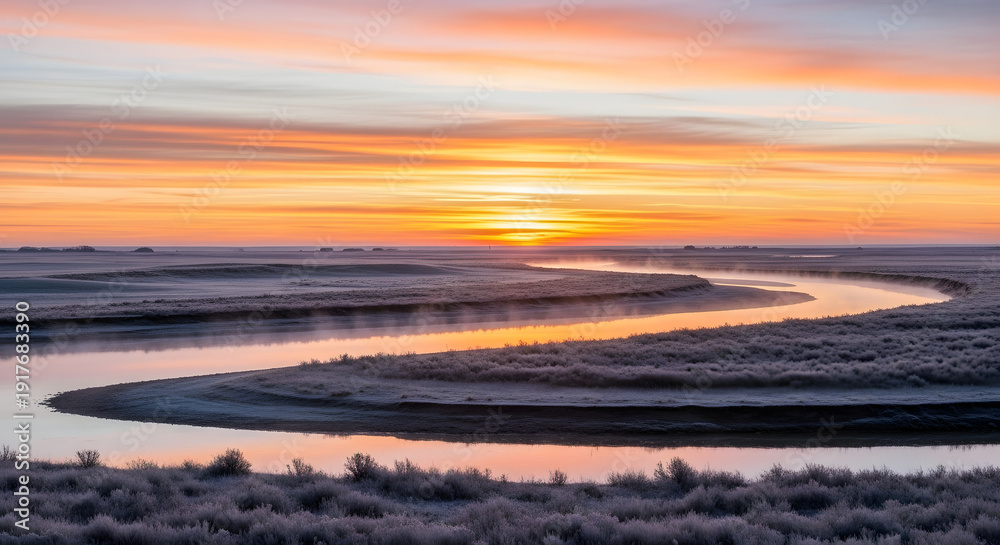 Obraz premium Golden Sunrise Reflecting on a Winding Frosty River