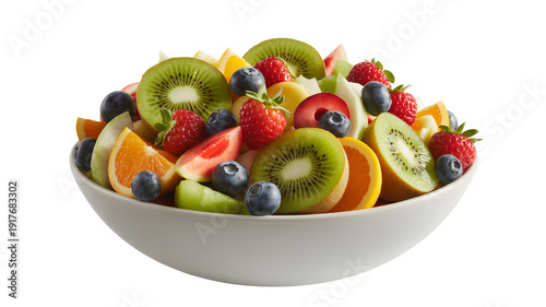 A white bowl filled with a colorful mix of fresh fruits including kiwi, strawberries, blueberries, and orange slices.