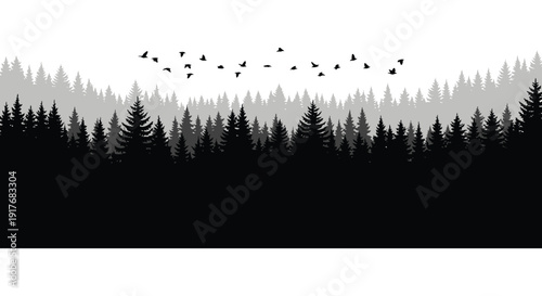 A dark forest landscape with a flock of birds in flight presented as a striking silhouette on transparent background high quality