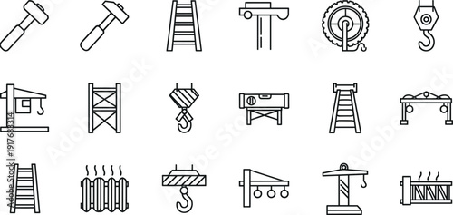 Construction and industrial equipment outline icons set featuring hammer, ladder, crane, hook, scaffold, pulley, and building tools