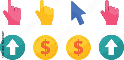 Hand Cursor, Arrow Pointer, Dollar Coin, and Upward Arrow Icon Set for Financial Growth, Investment Apps, Online Payments, and User Interface Design